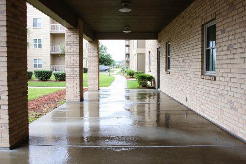 Freshly washed apartment breezeway walkway in North Austin